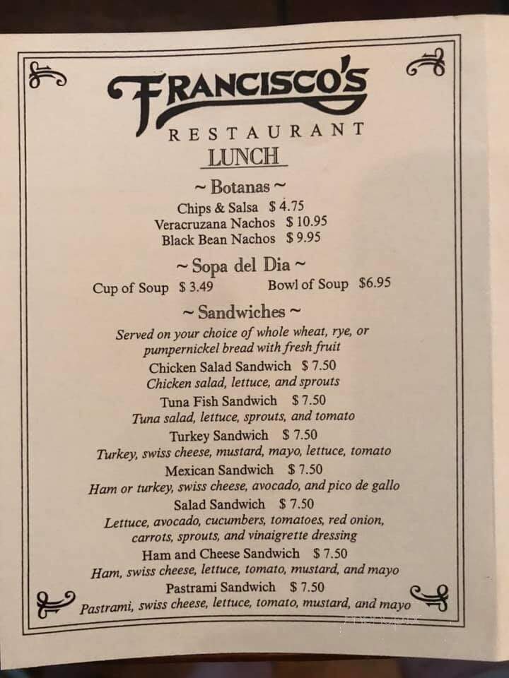 Menu of Francisco's Restaurant in Kerrville, TX 78028