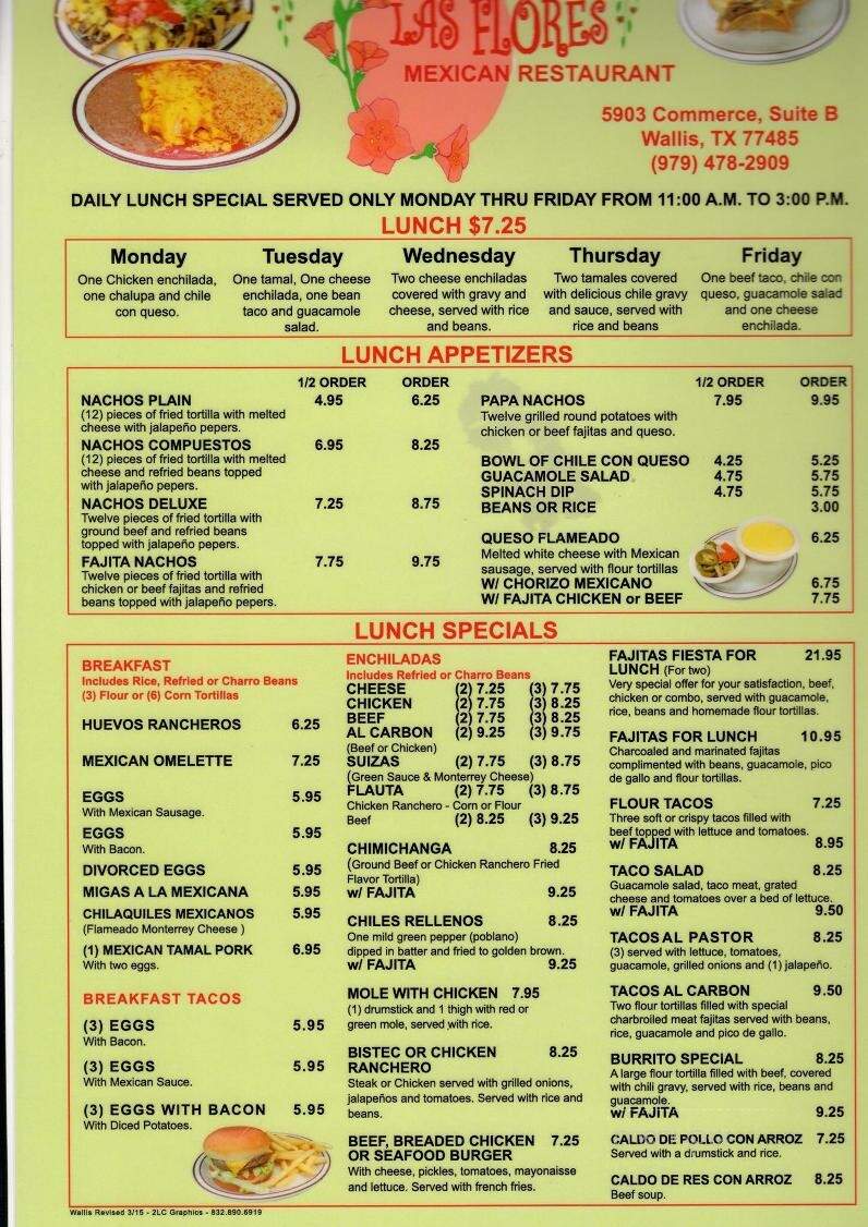 Online Menu of Las Flores Mexican Restaurant, Wallis, TX