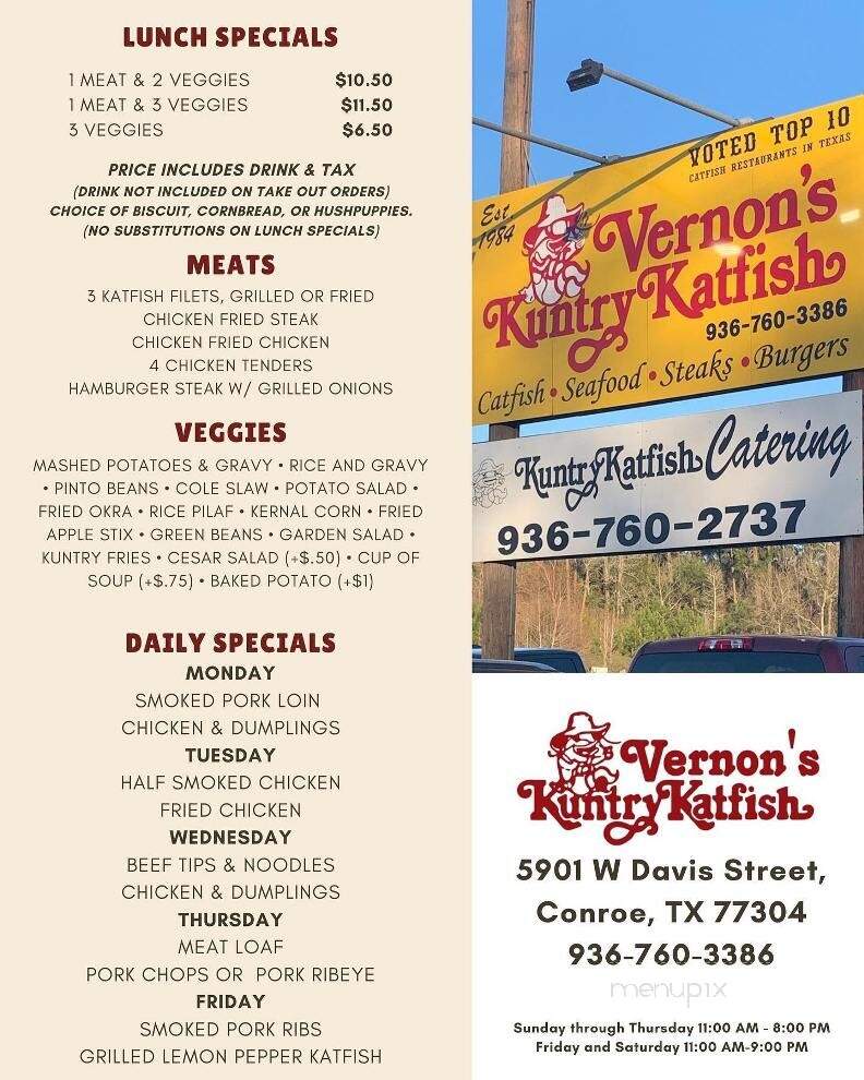 Online Menu of Vernon's Kuntry Katfish, Conroe, TX