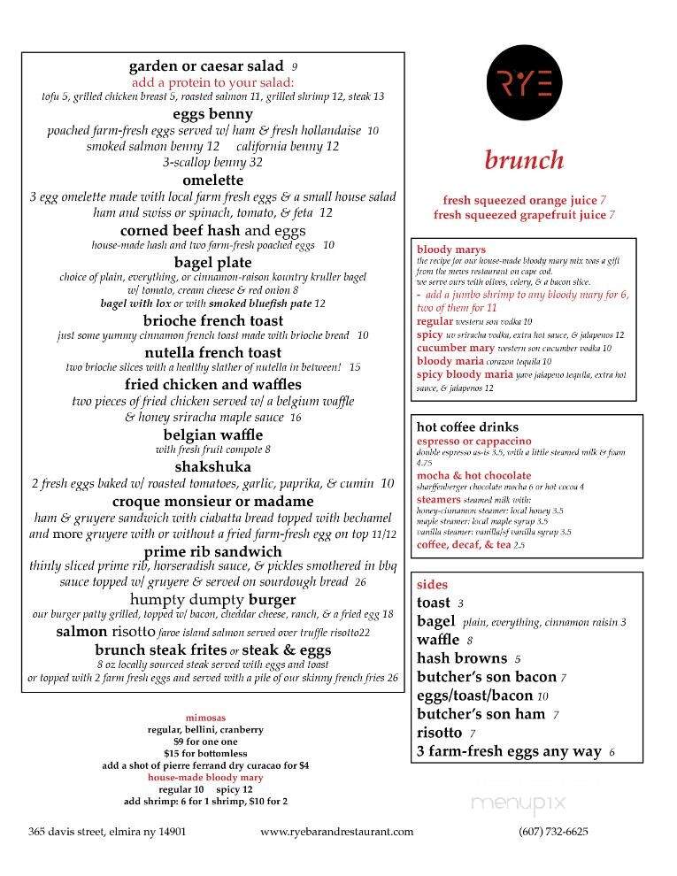Menu of Rye Bar & Restaurant in Elmira, NY 14901