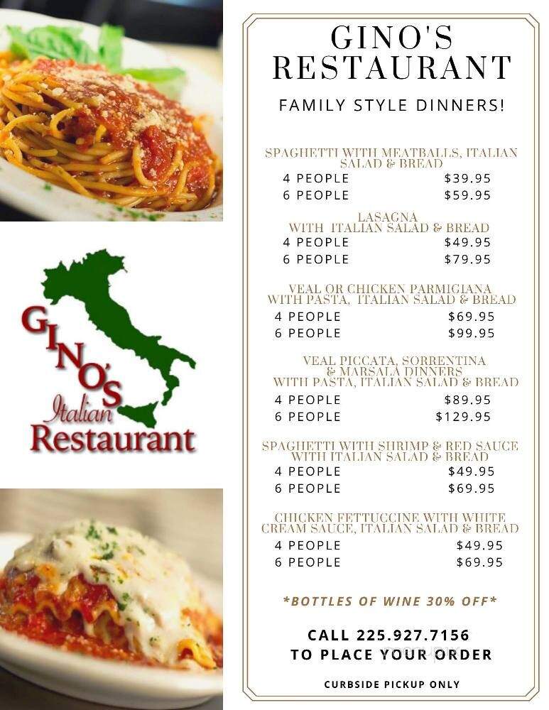 Menu of Gino's Restaurant in Baton Rouge, LA 70808
