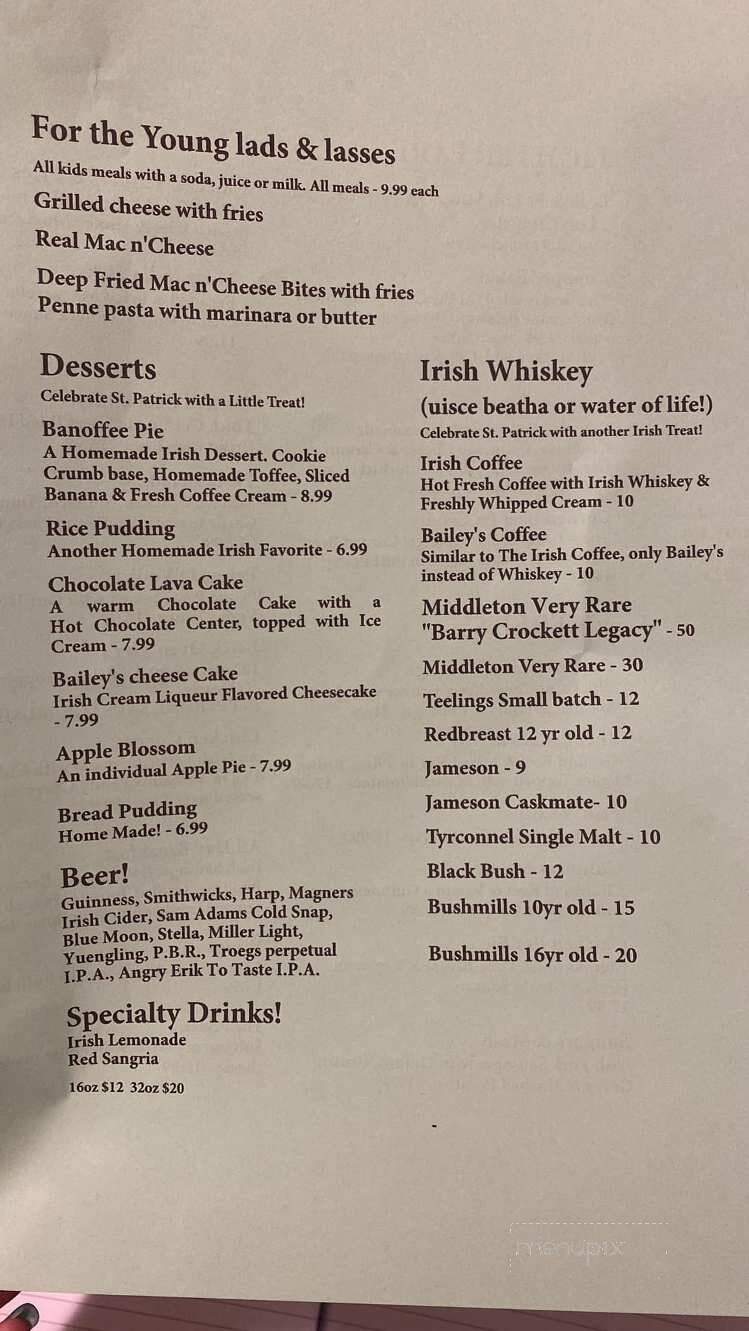Menu of Irish Cottage Inn in Franklin, NJ 07416