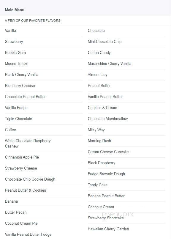 Menu of Ice Cream World in Walnutport, PA 18088