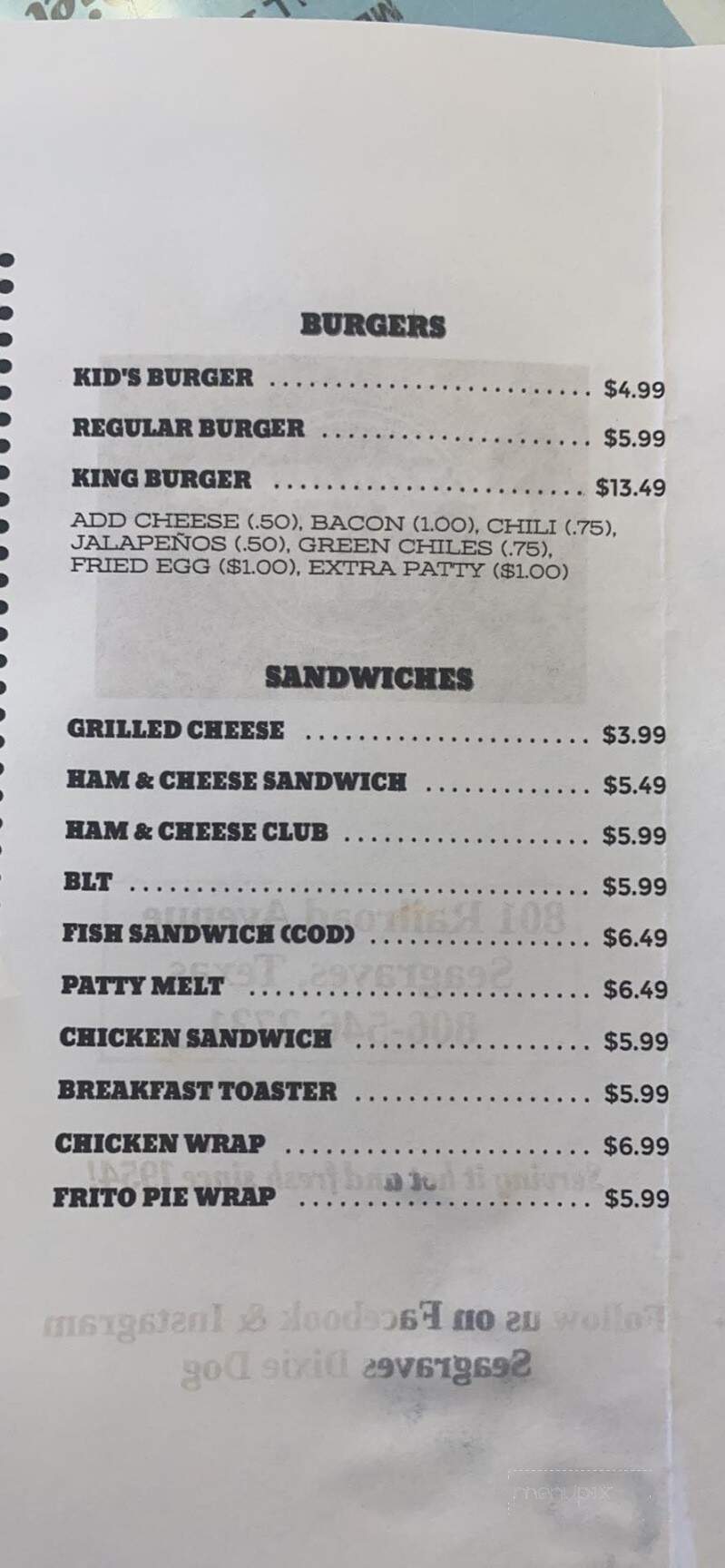 Online Menu of Pillow's Dixie Dog, Seagraves, TX