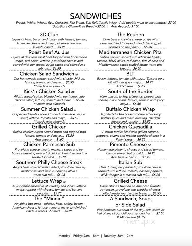 Menu of Cornerstone Cafe and Coffee in Benson, NC 27504