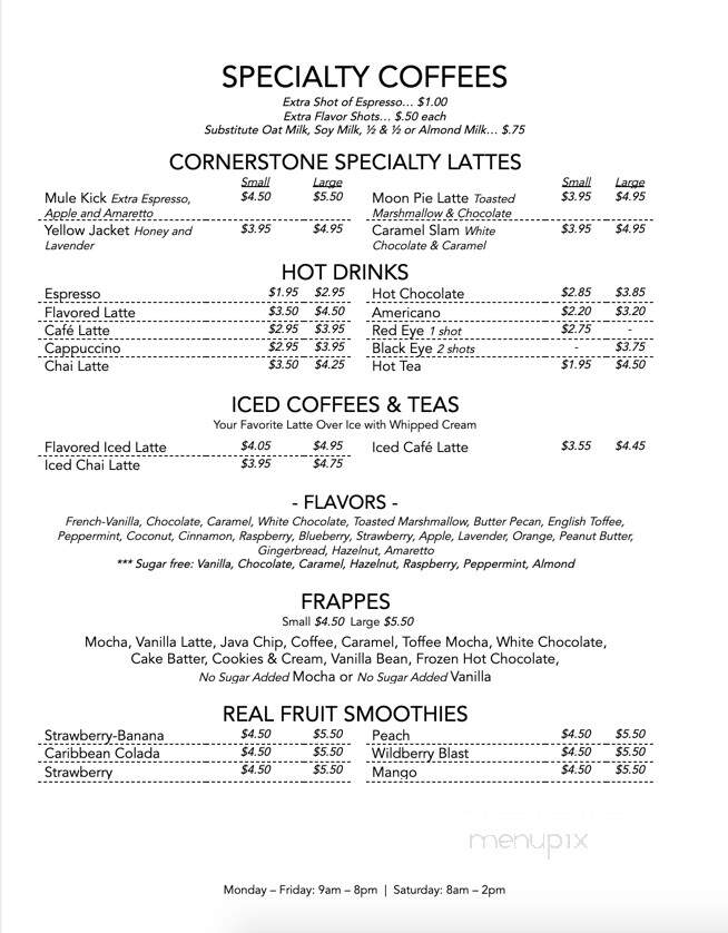 Menu of Cornerstone Cafe and Coffee in Benson, NC 27504