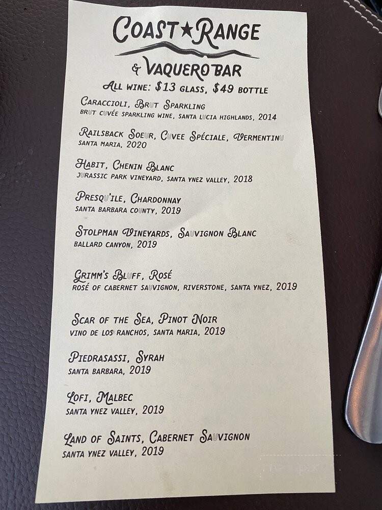 Menu of Coast Range in Solvang, CA 93463