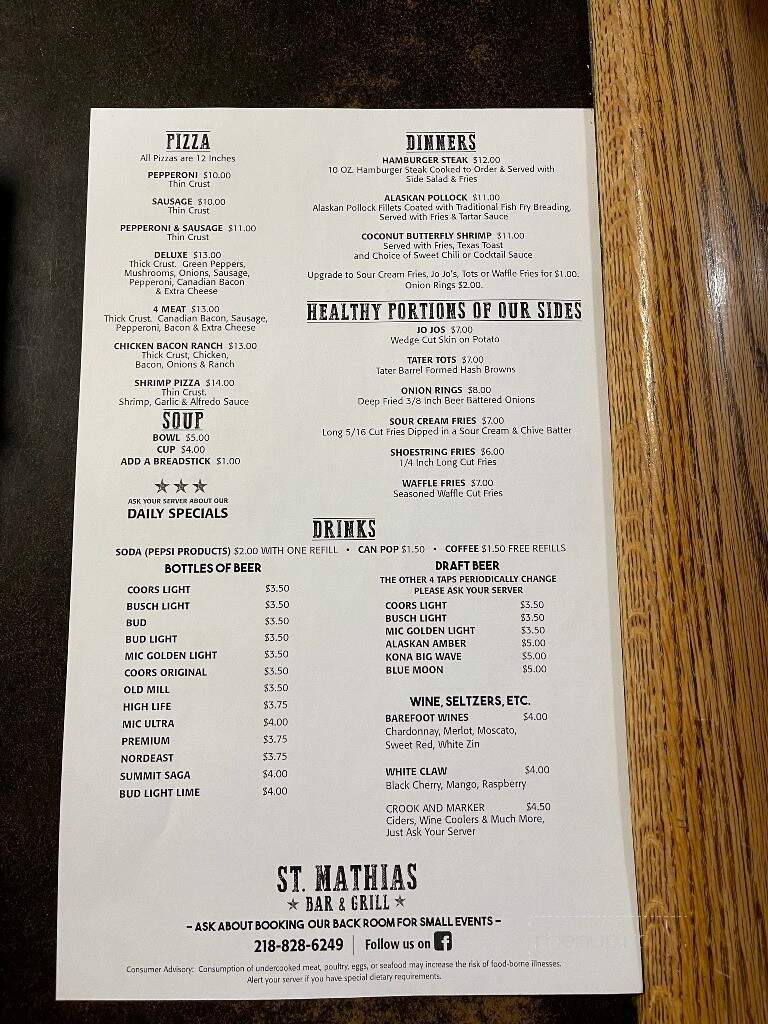 Menu of St Mathias Bar & Grill in Fort Ripley, MN 56449
