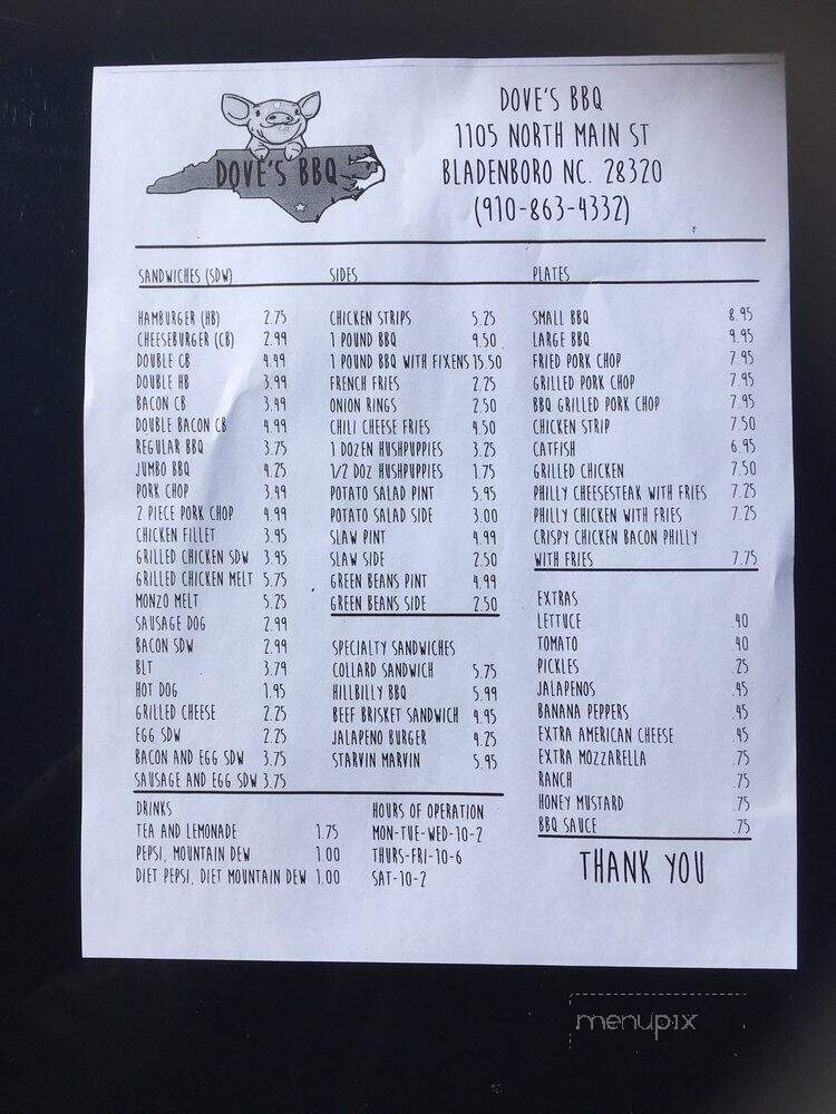 Online Menu of Dove's Barbecue, Bladenboro, NC