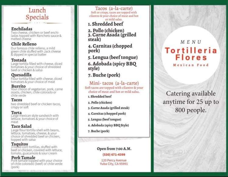 Online Menu of Tortilleria Flores, Yuba City, CA