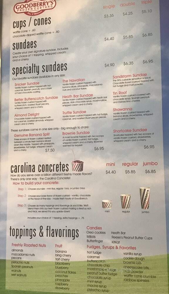 Menu of Goodberry's Frozen Custard in Raleigh, NC 27615