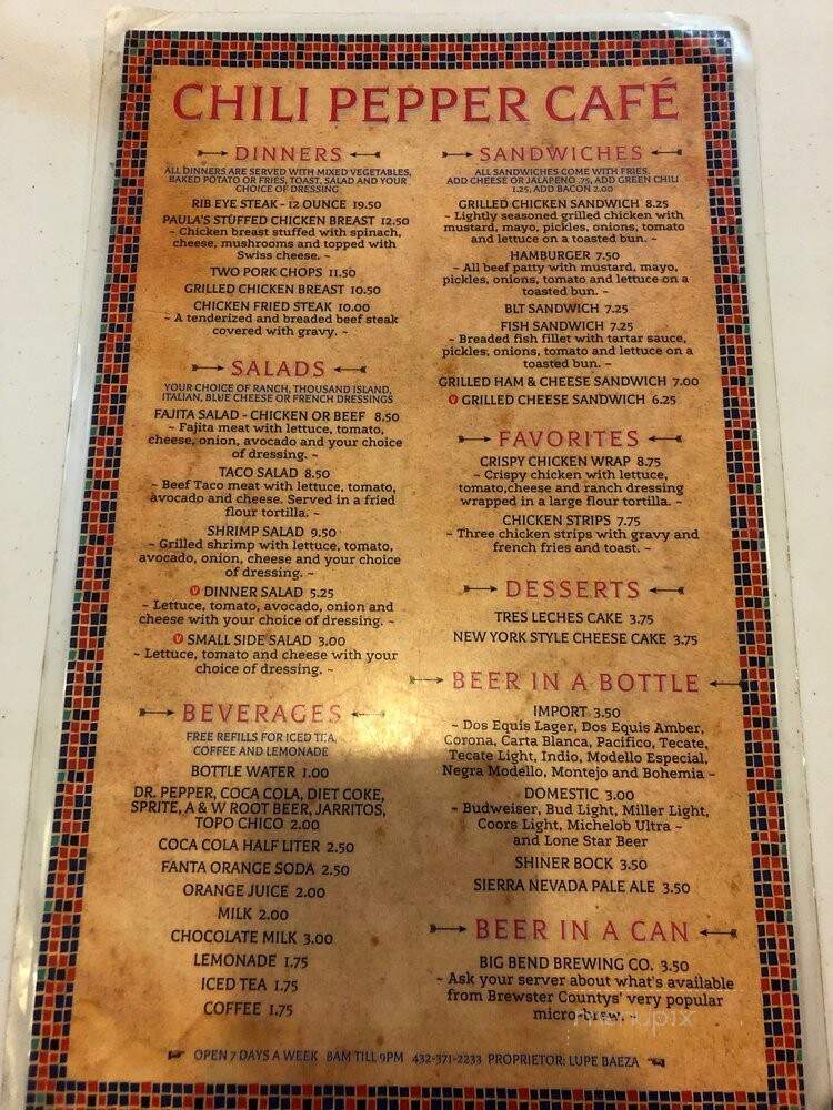 Menu of Chili Pepper Cafe in Terlingua, TX 79852