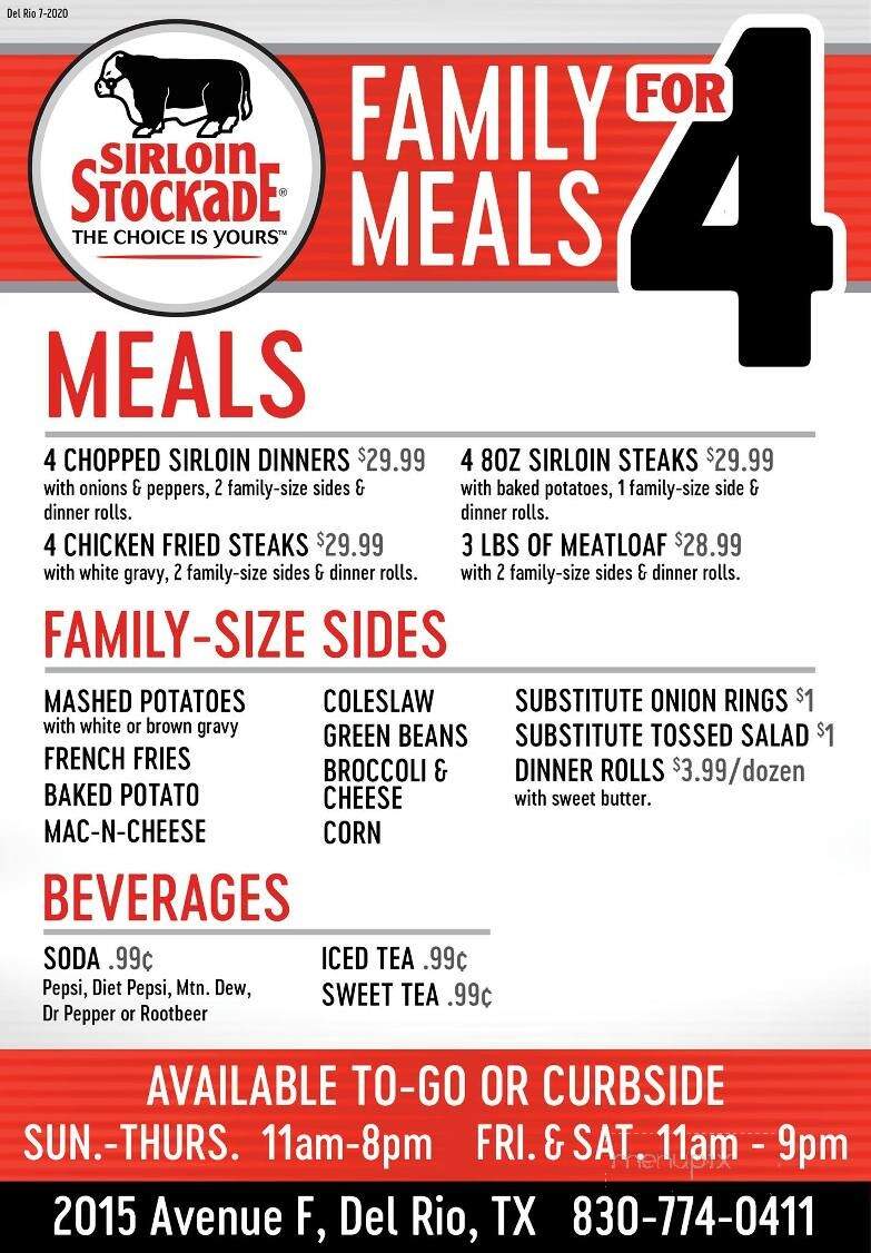 Online Menu of Sirloin Stockade, Del Rio, TX
