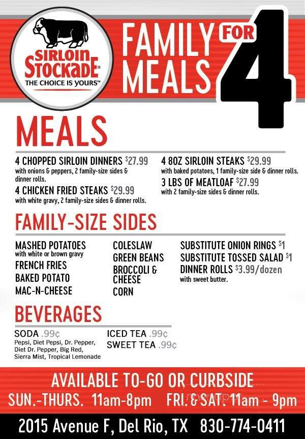 Online Menu of Sirloin Stockade, Del Rio, TX