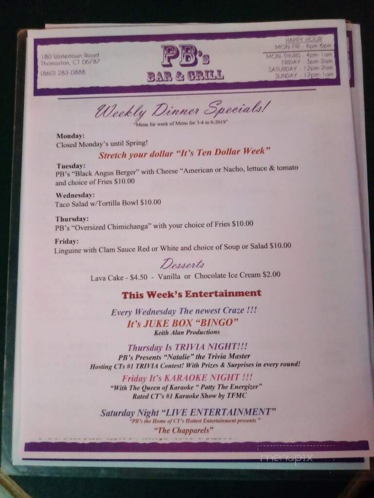 Menu of PB's Bar & Grill in Thomaston, CT 06787