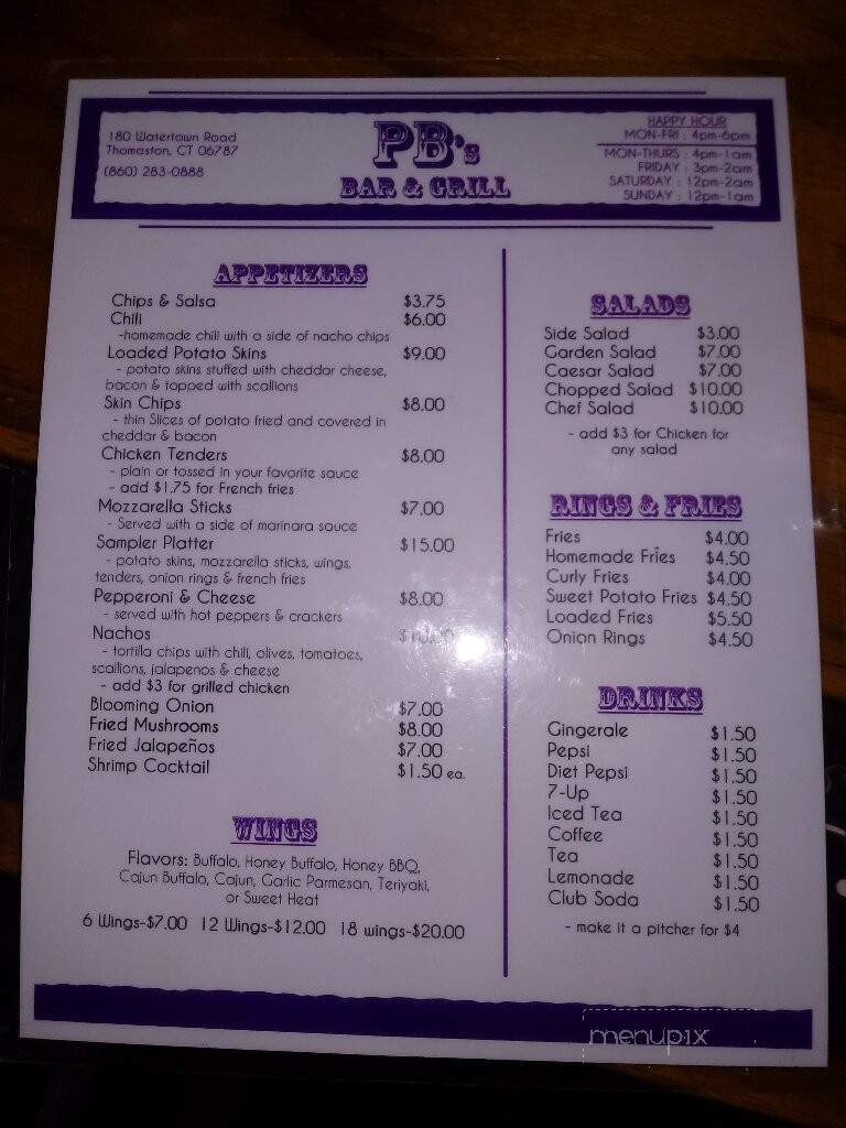 Menu of PB's Bar & Grill in Thomaston, CT 06787