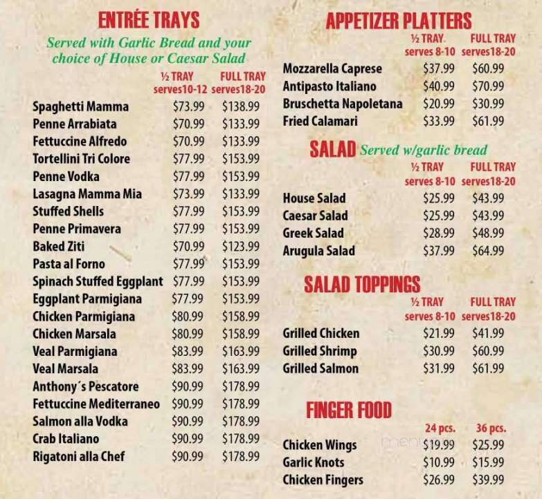 Menu of Anthony's Italian Restaurant and Wine Bar in Pasadena, MD 21122