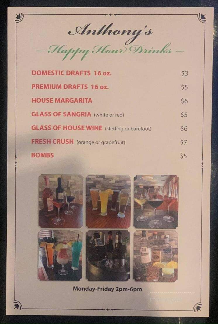 Menu of Anthony's Italian Restaurant and Wine Bar in Pasadena, MD 21122