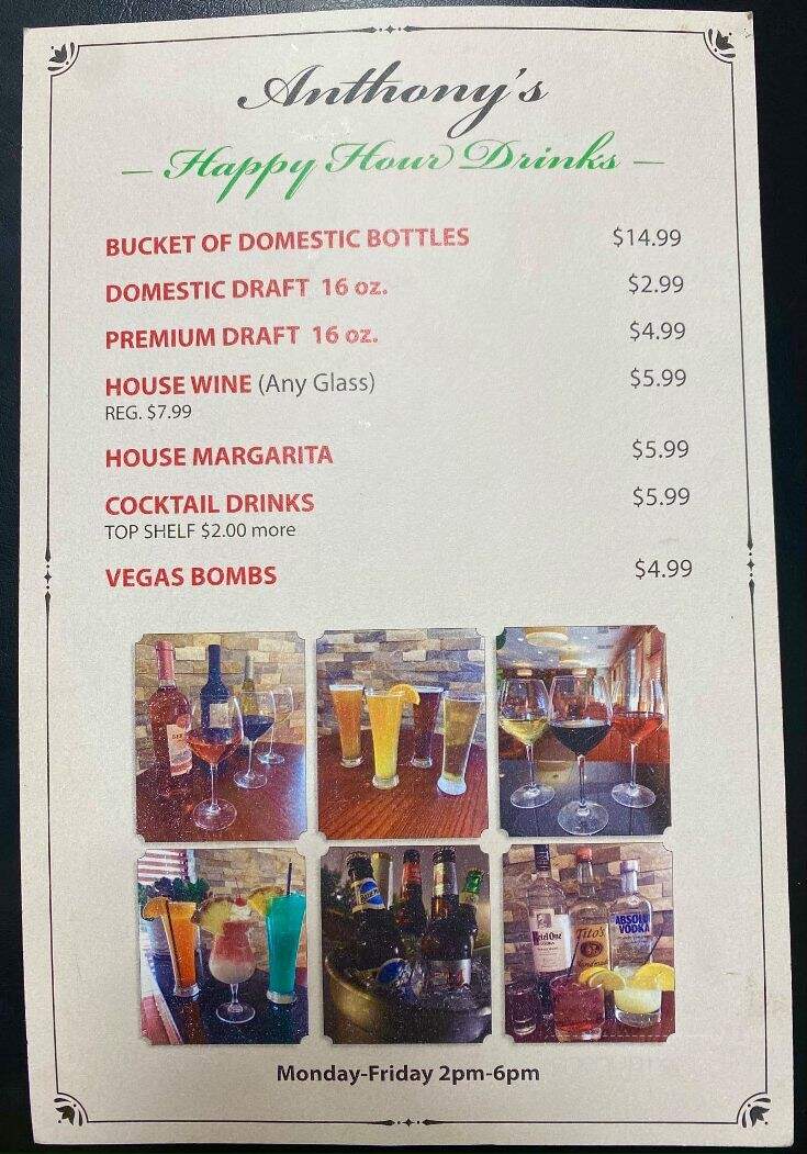 Menu of Anthony's Italian Restaurant and Wine Bar in Pasadena, MD 21122