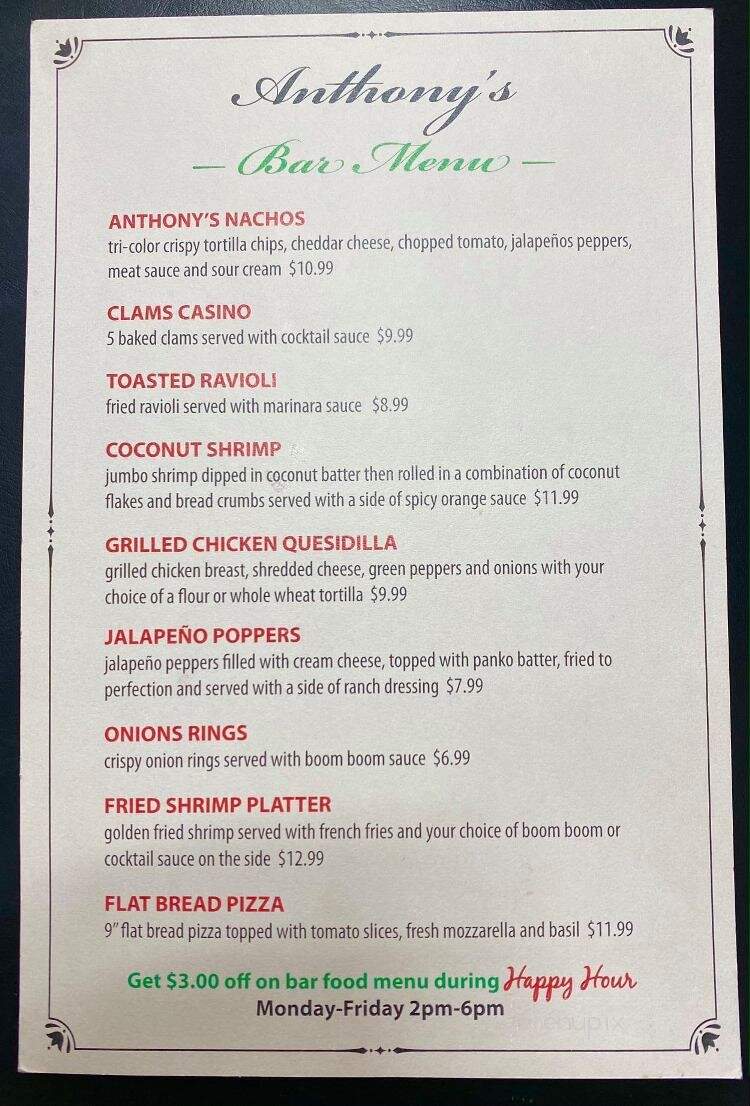 Menu of Anthony's Italian Restaurant and Wine Bar in Pasadena, MD 21122