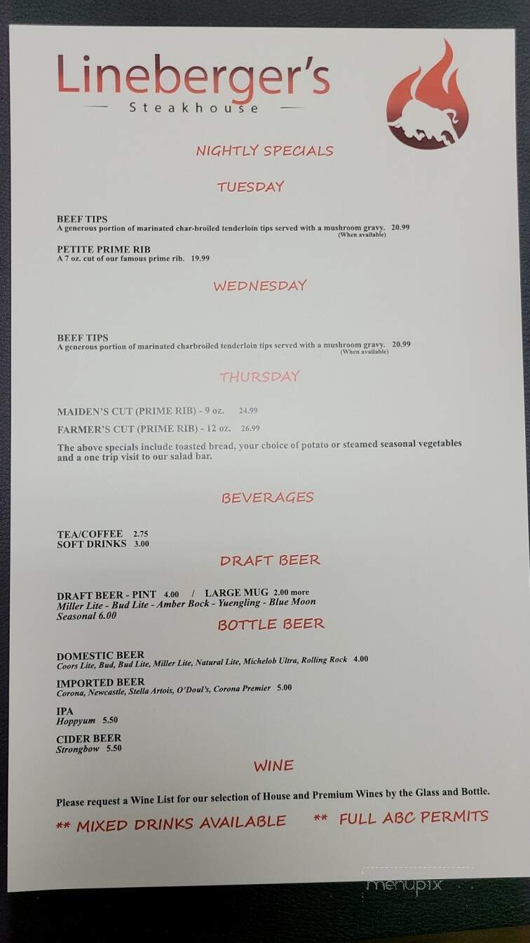 Online Menu of Linebergers Cattle Company, Sherrills Ford, NC