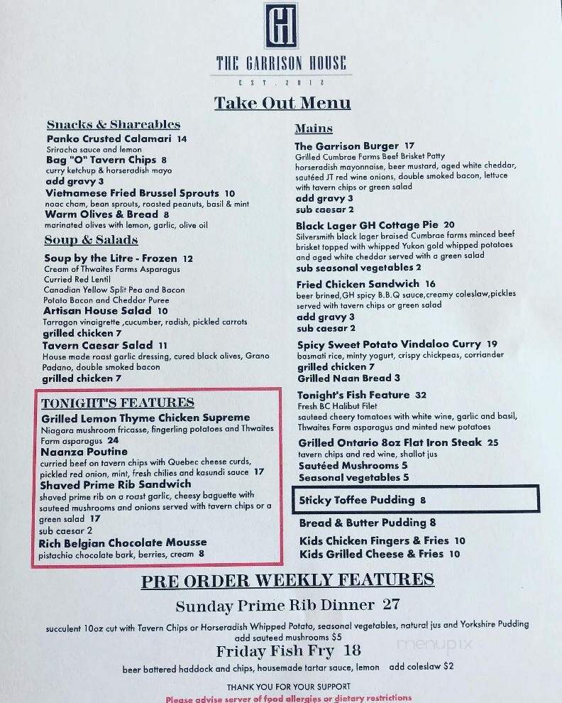 Menu of The Garrison House in NiagaraontheLake, ON L0S 1J0