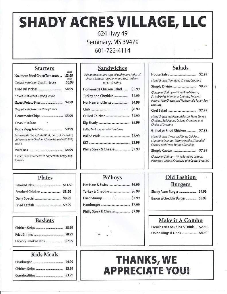 Menu of Shady Acres Cafe in Seminary, MS 39479