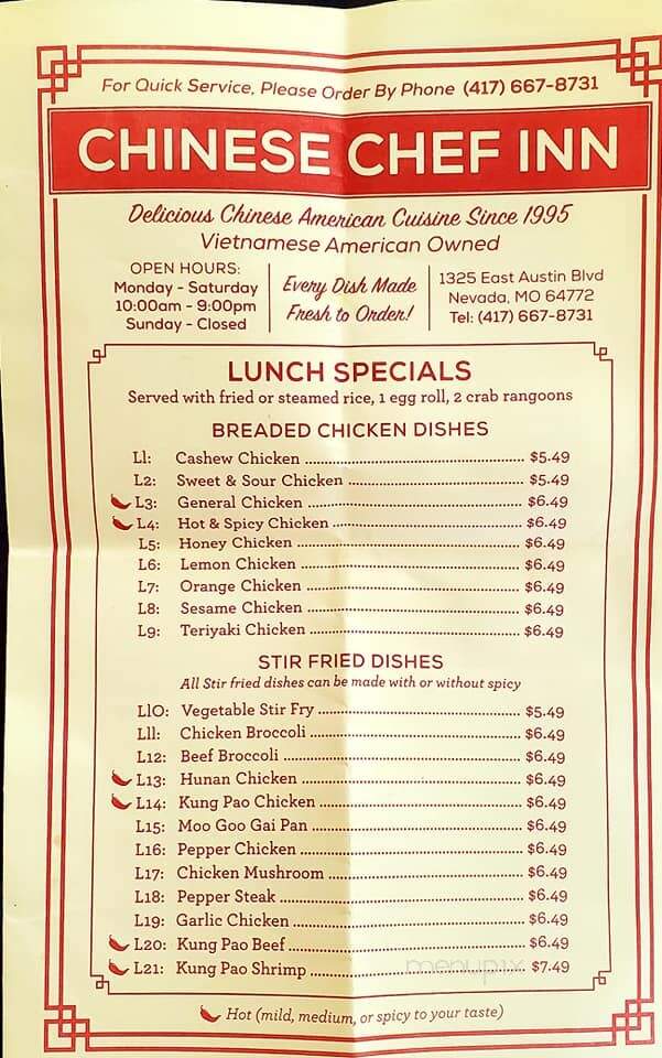 Menu of Chinese Chef Inn in Nevada, MO 64772