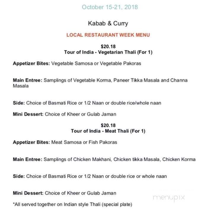 Menu of Kabab & Curry in Buffalo, NY 14221