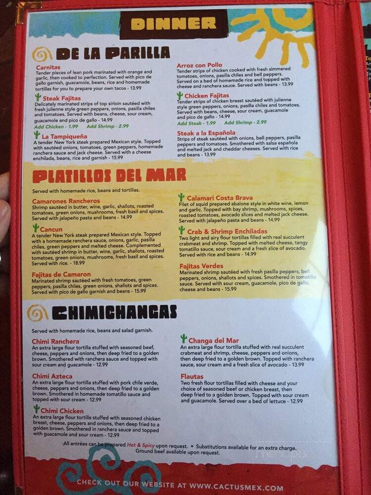 Menu of Cactus Mexican Dining in Woodbridge, CA 95258