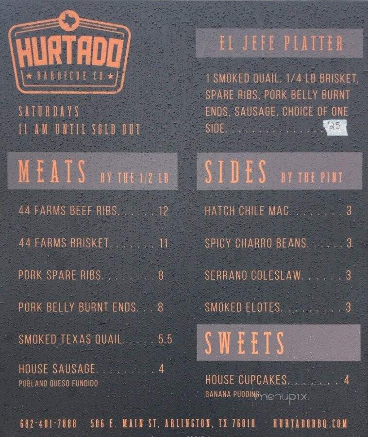 Menu of Hurtado Barbecue in Arlington, TX 76010