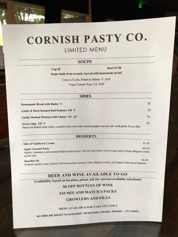 Online Menu of Cornish Pasty Co., Mesa, AZ
