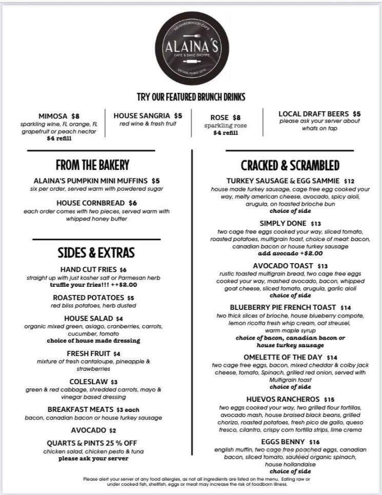 Menu of Alaina's Bake Shoppe & Cafe in Palm Beach Gardens, FL 33410