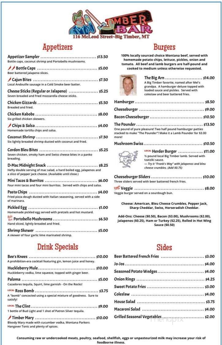 Menu of Timber Bar in Big Timber, MT 59011