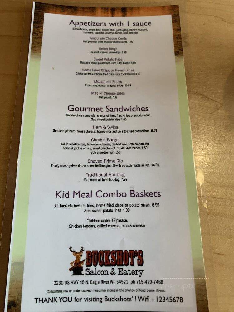 Menu of Buckshots Saloon in Eagle River, WI 54521