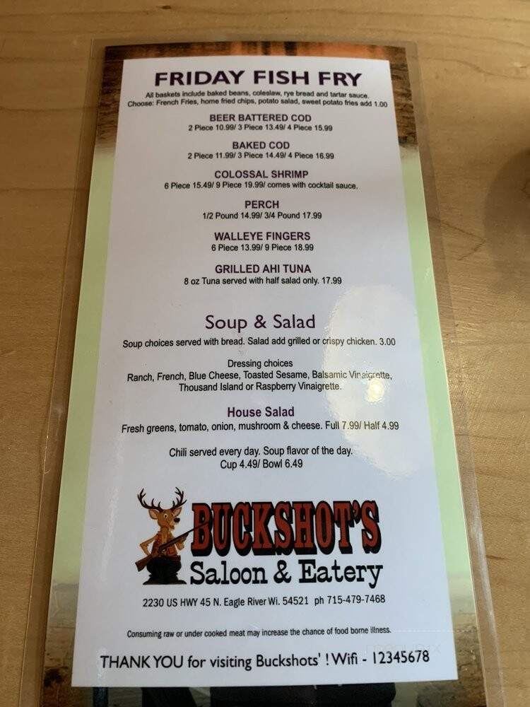 Menu of Buckshots Saloon in Eagle River, WI 54521
