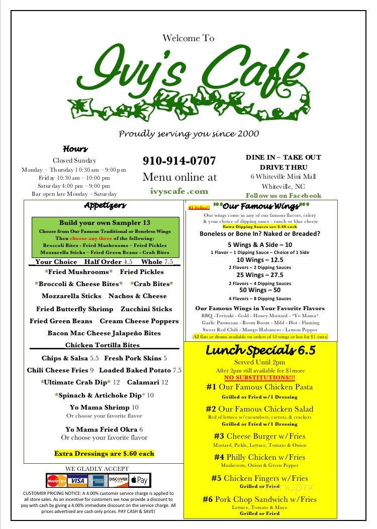 Online Menu of Ivy's Cafe, Whiteville, NC