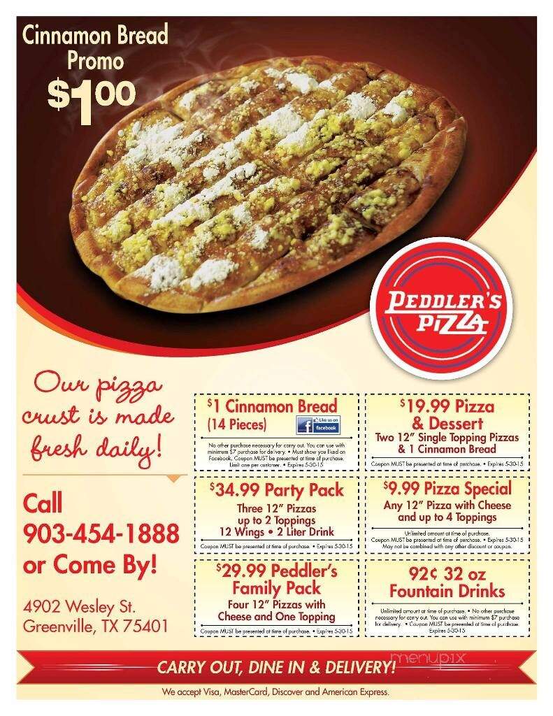 Online Menu of Peddler's Pizza, Greenville, TX