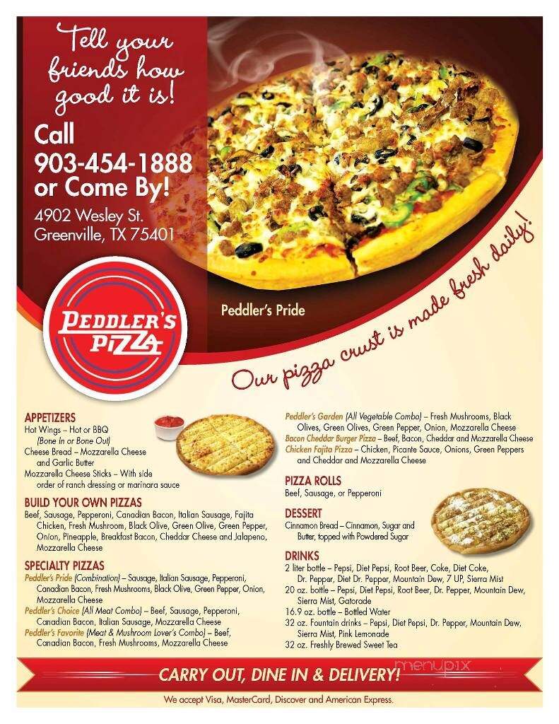Online Menu of Peddler's Pizza, Greenville, TX