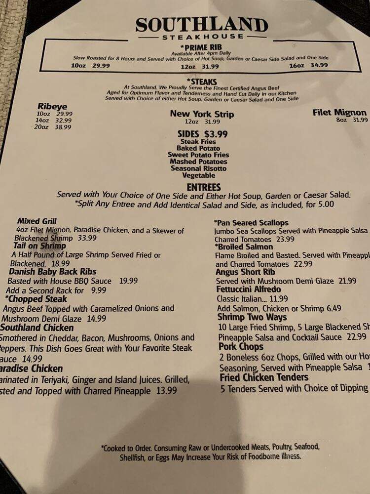 Menu of Southland Steakhouse in Zebulon, NC 27597