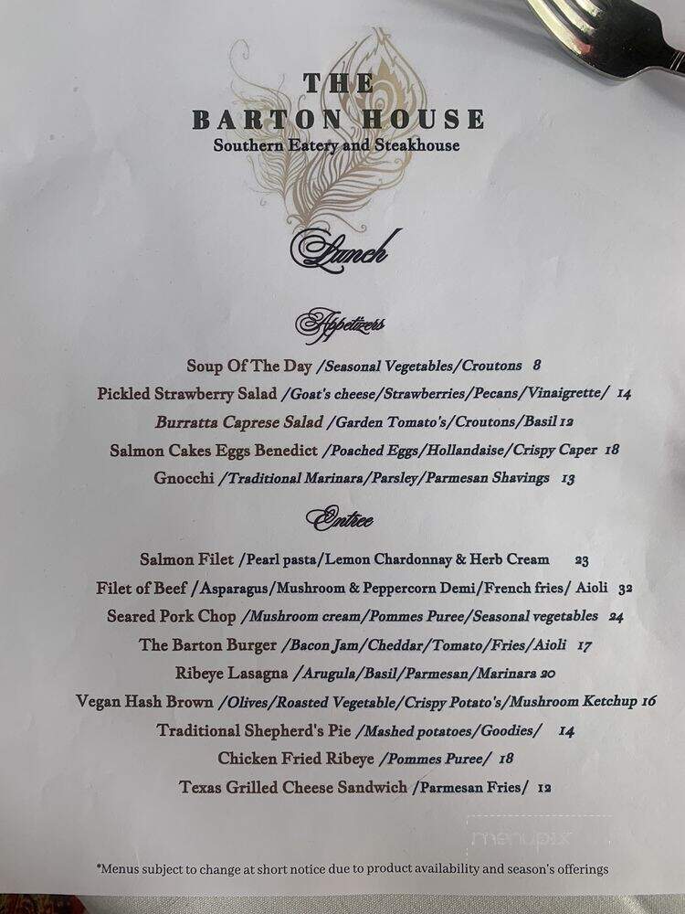 Online Menu of The Barton House, Salado, TX