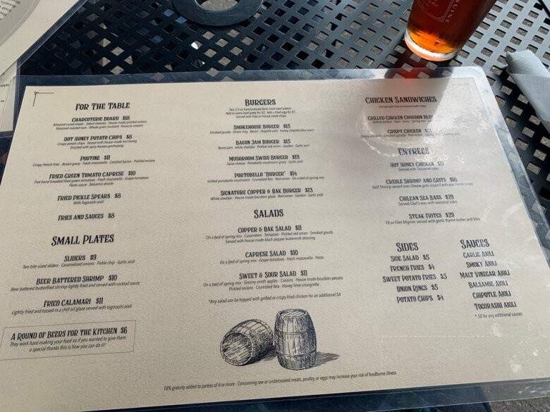 Menu of Copper & Oak in Danville, KY 40422