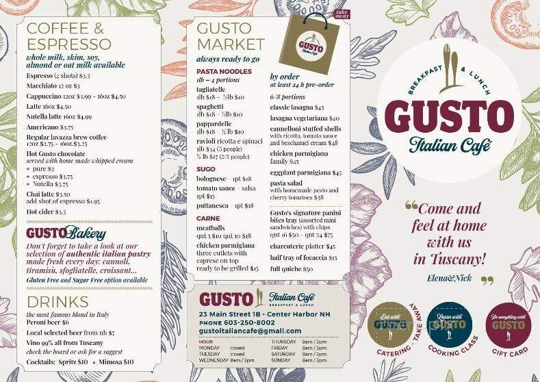 Menu of Gusto Italian Cafe in Center Harbor, NH 03226