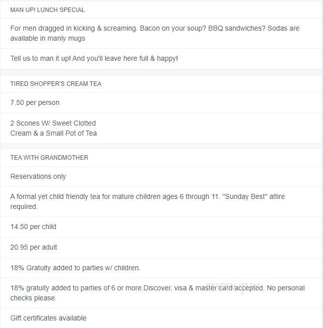 Menu of Main Street Enchanted Tea Room in Berlin, MD 21811