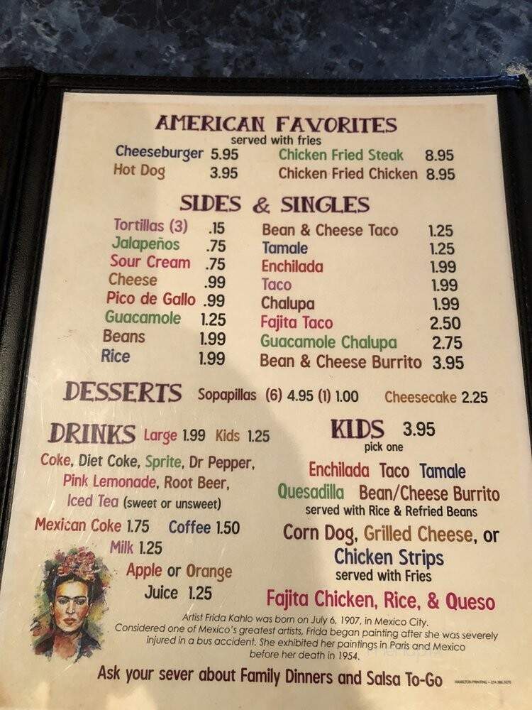 Online Menu of Frida's Mexican Restaurant, Hamilton, TX