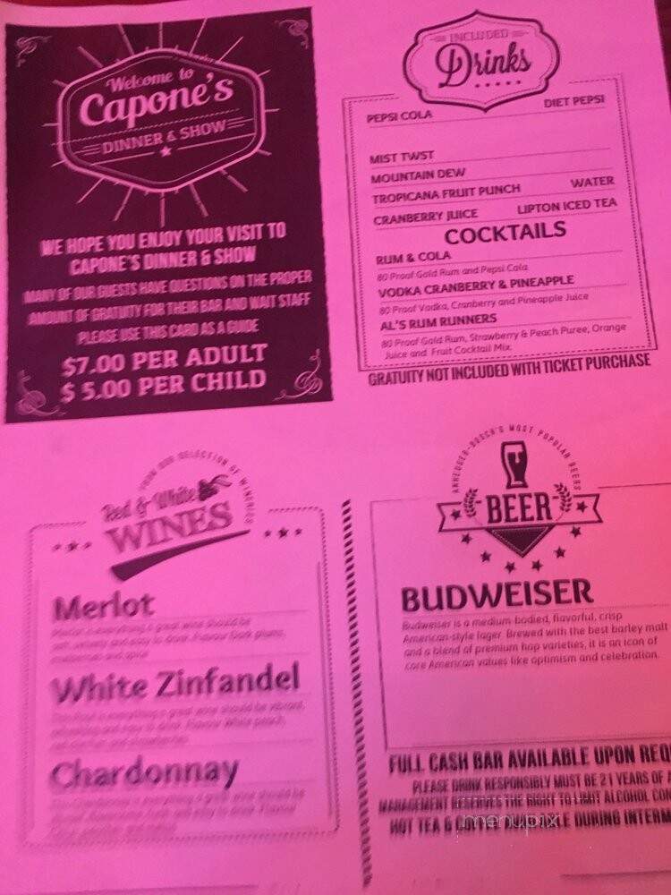 Menu of Capone's Dinner & Show in Kissimmee, FL 34746
