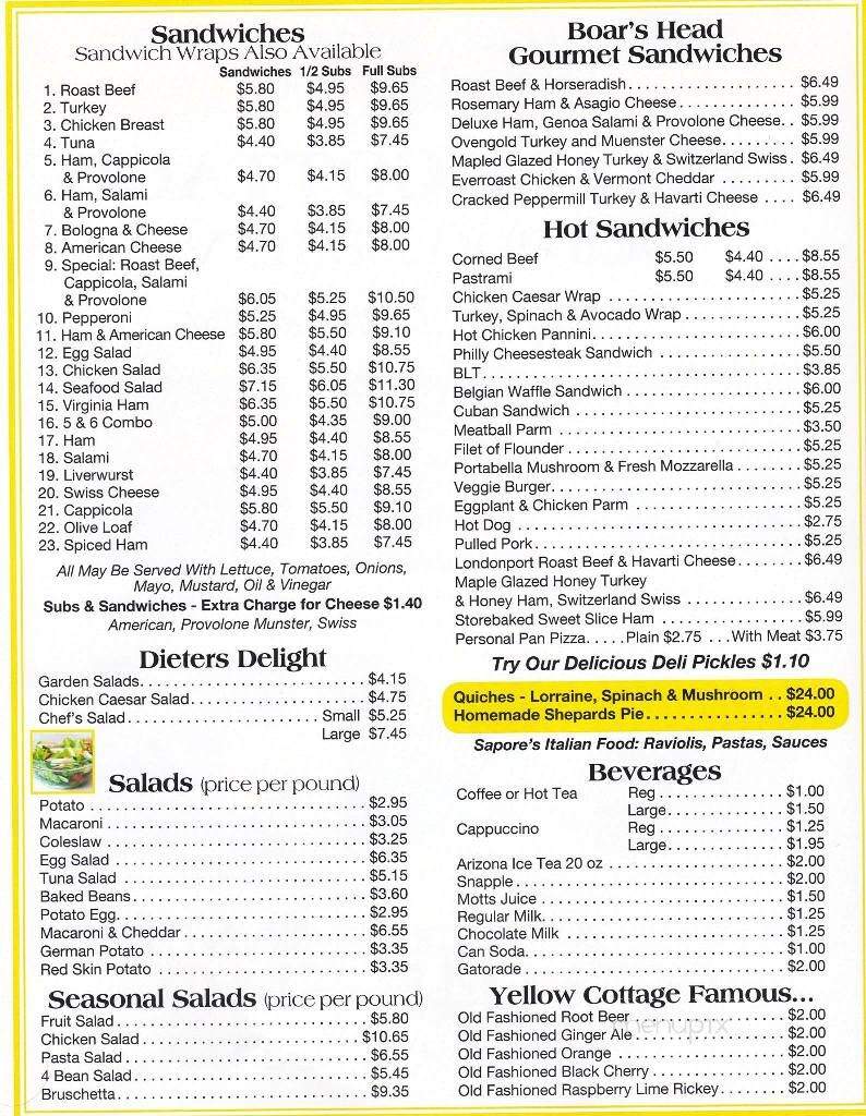 Menu of Yellow Cottage Delicatessen in Branchville, NJ 07826