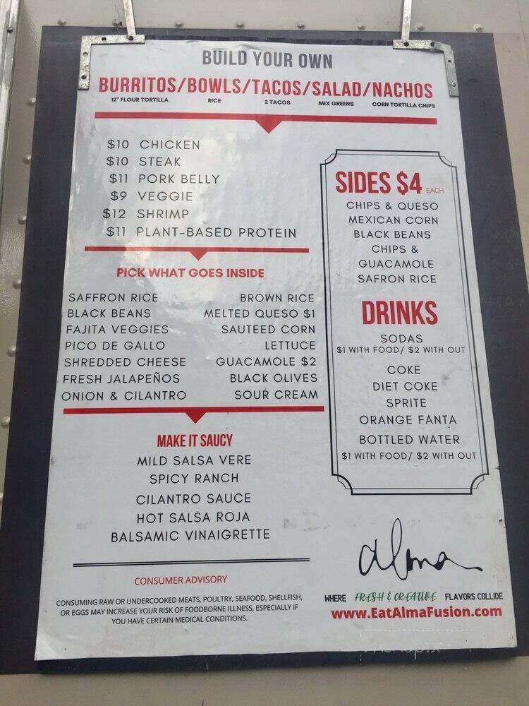 Menu of Alma Food Truck in Jacksonville, FL 32256