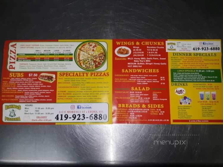 Online Menu of Viking Pizzeria, Lyons, OH