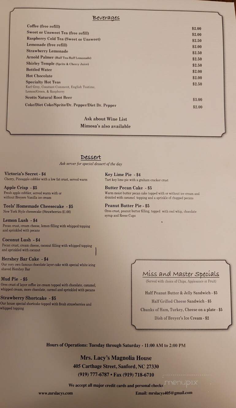 Online Menu of Mrs Lacy's Magnolia House, Sanford, NC